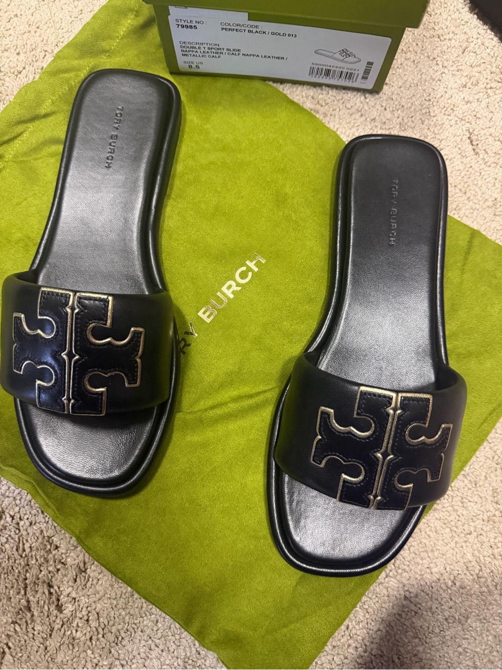 Tory Burch Black Leather T Logo Slide Sandals sz 8.5 new in box